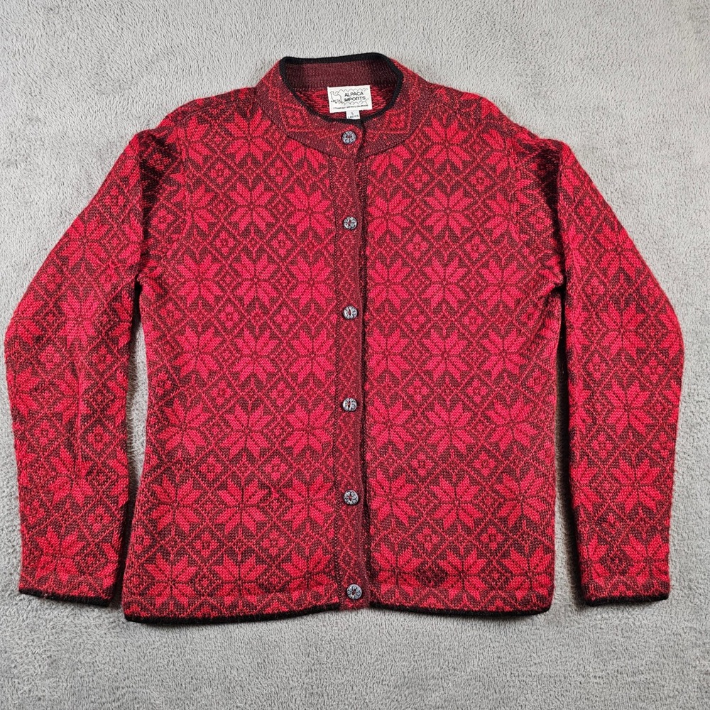 Alpaca Imports Red Black Snowflake Alpaca Wool Cardigan Sweater‎ Ladies Large